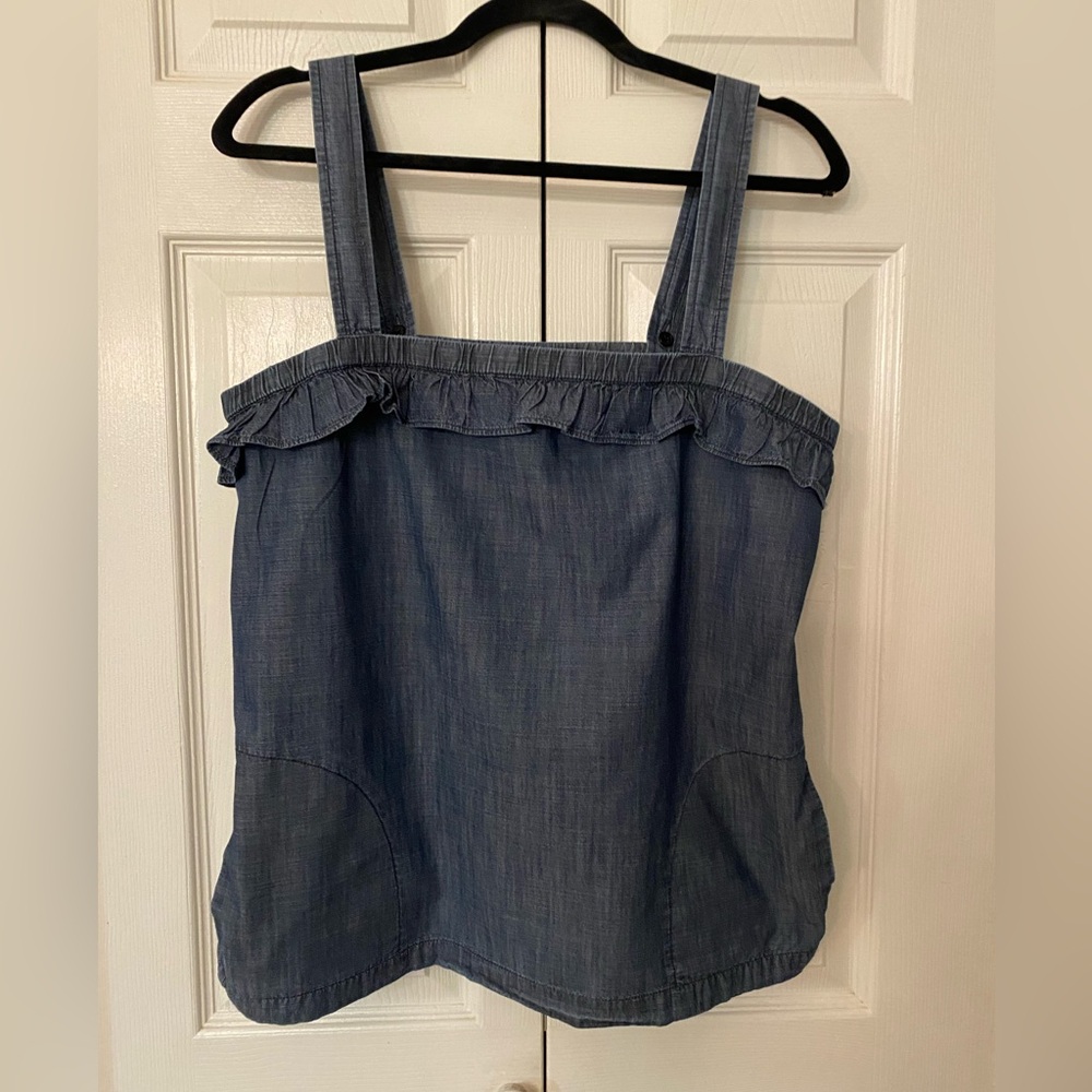 J Crew Denim Blue Ruffle Strap Top 10